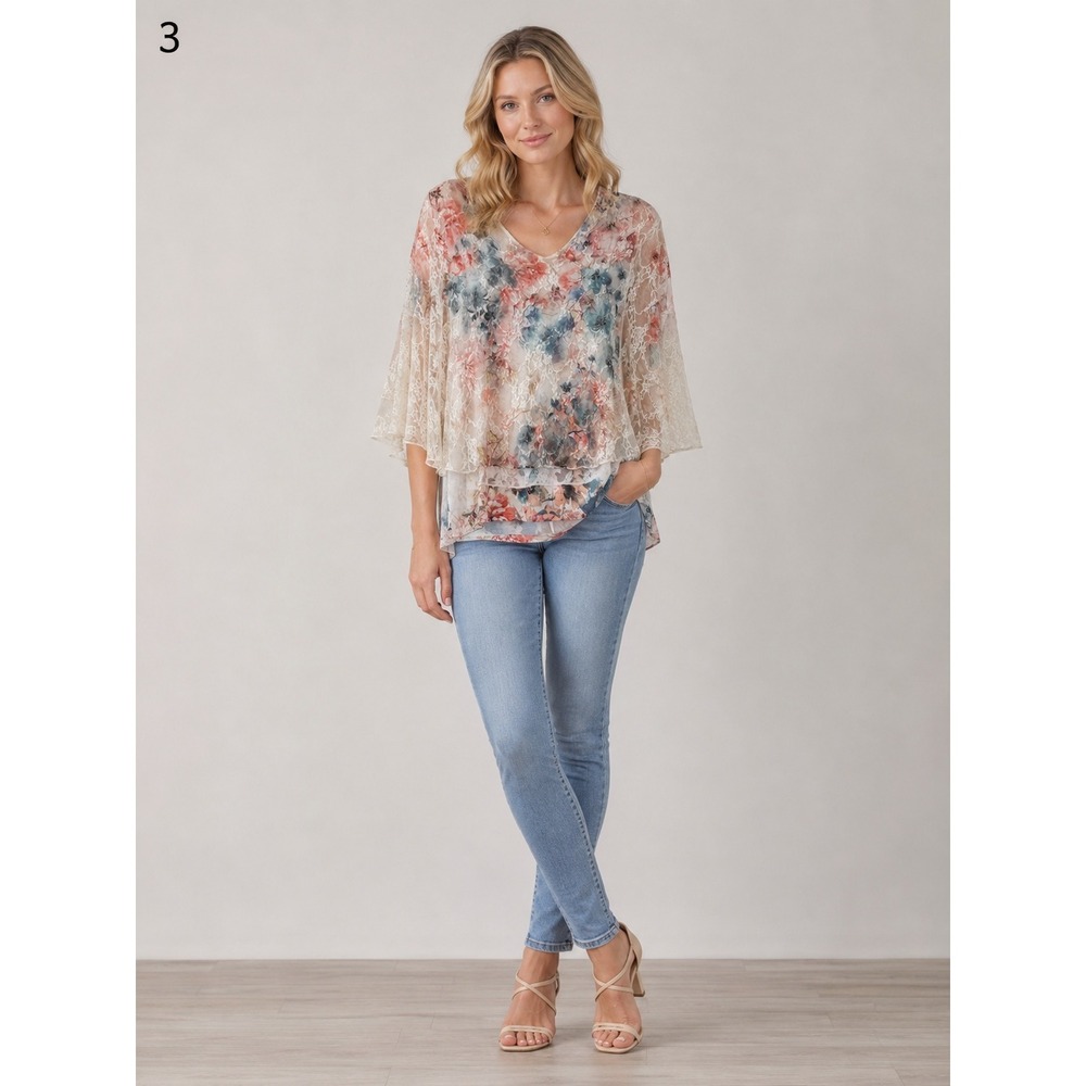 Y2K Lavish Floral Lace Overlay Flutter Sleeve Top Cream Medium Romantic Ethereal